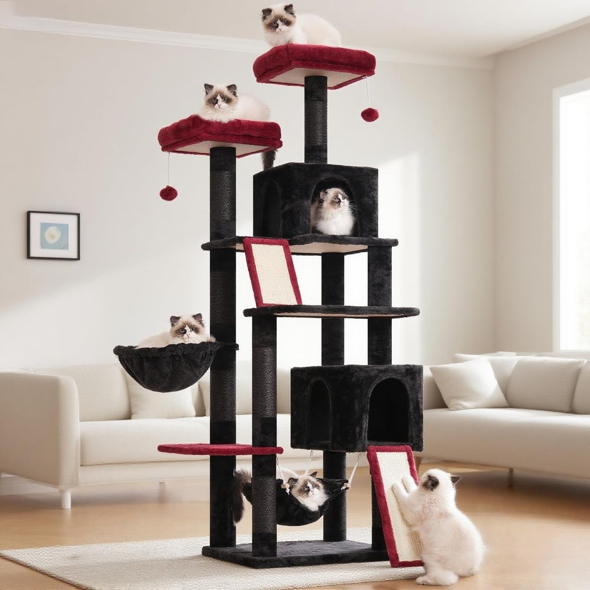 Cat Tree for Indoor Cats, 71'' (180cm) Multi-Level Cat Tower for Large Adult, Gothic Sturdy Cat