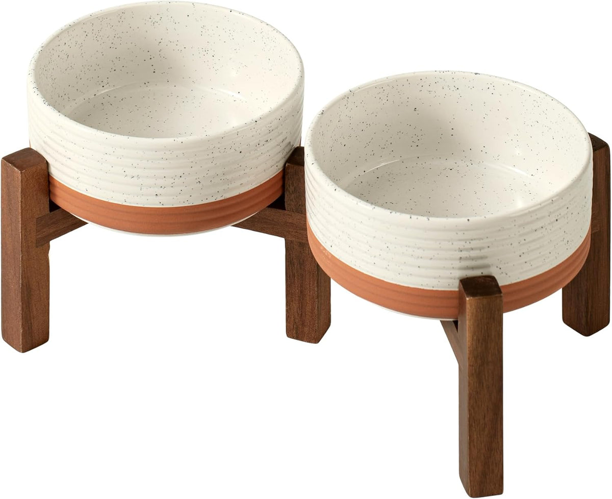 Ceramic 6.1inch Raised Double Dog Bowls Set with Acacia Wood Stand, 2 Heights Elevated, Food &