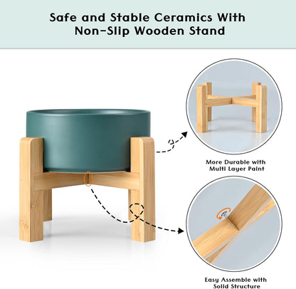 SPUNKYJUNKY Ceramic Elevated Dog Bowls 2 Pack - 5.1inch Raised Dog Bowls with Non-Slip Wooden Stand