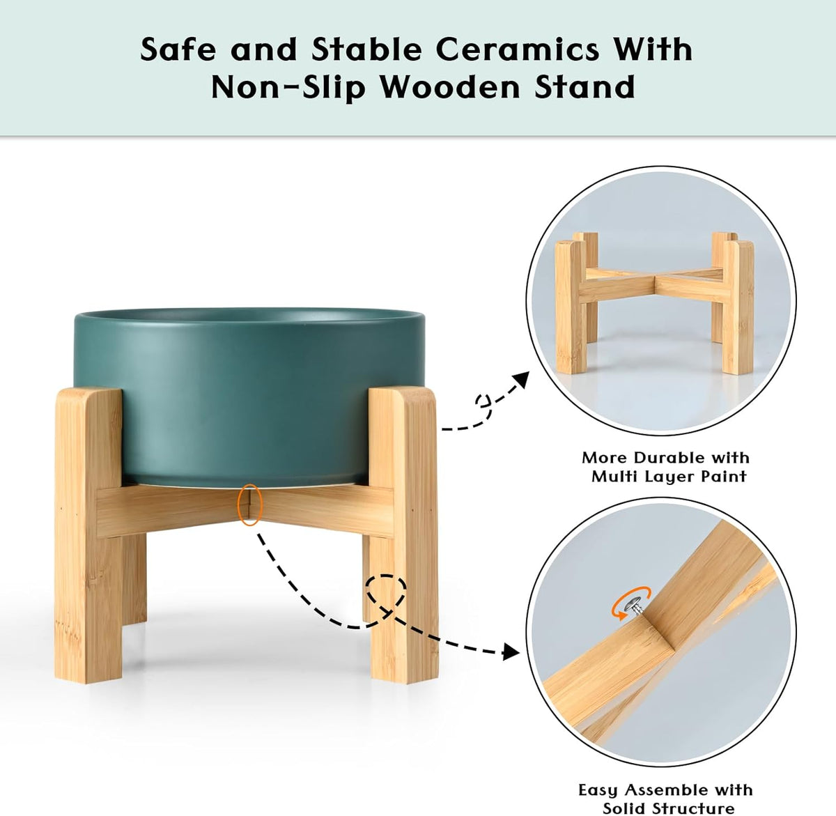 SPUNKYJUNKY Ceramic Elevated Dog Bowls 2 Pack - 8.3inch Raised Dog Bowls with Non-Slip Wooden Stand