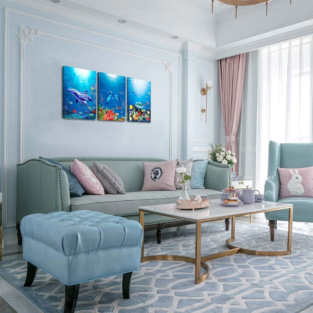 blue ocean fish 3 Pieces Framed Wall Art for Living Room Bathroom Wall Decoration Canvas Print