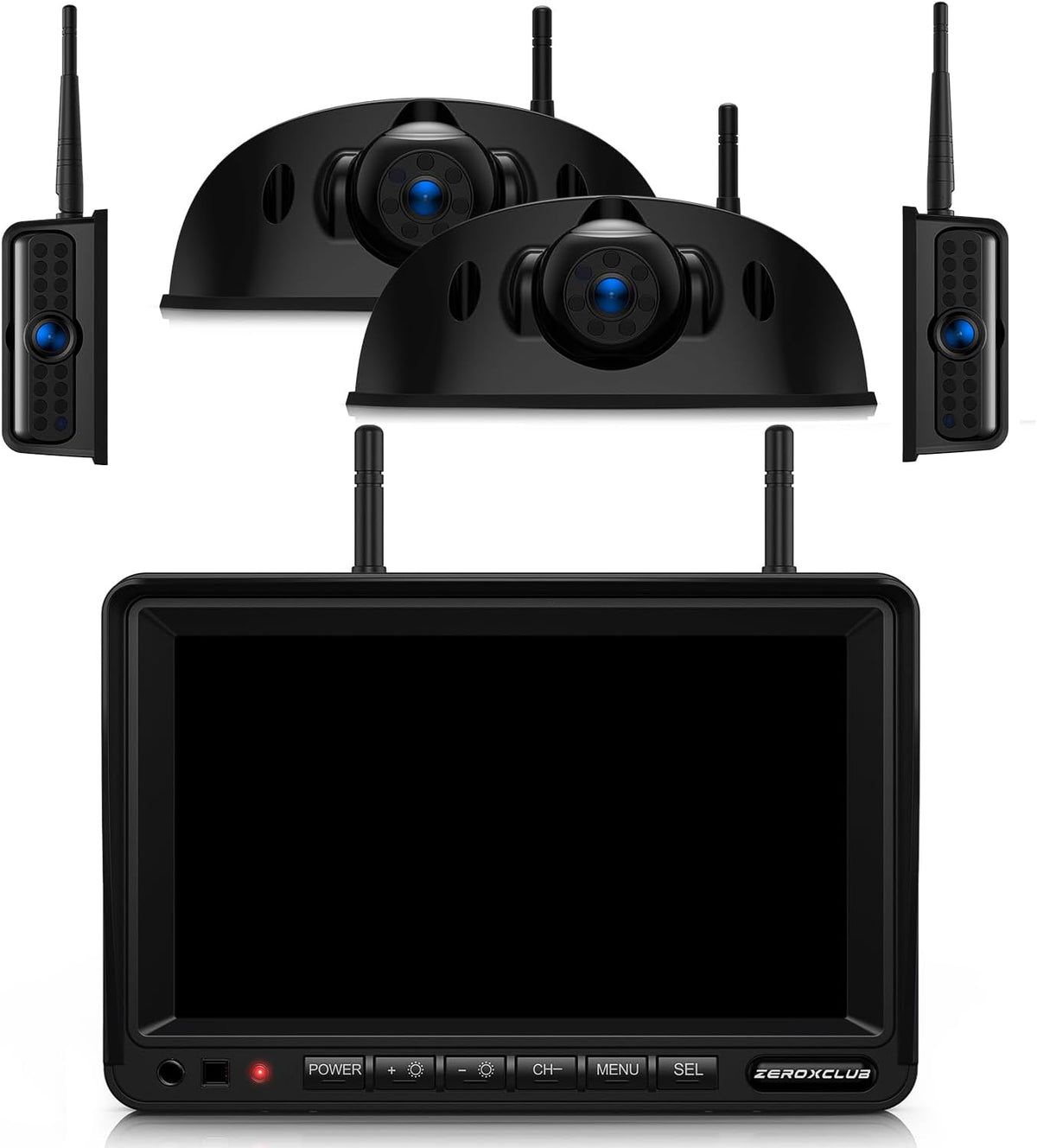 4 Cameras Wireless RV Backup System with 7-Inch Monitor, 2 Rear Sharkfin 2 Side Cameras, IR Night