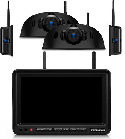 4 Cameras Wireless RV Backup System with 7-Inch Monitor, 2 Rear Sharkfin 2 Side Cameras, IR Night