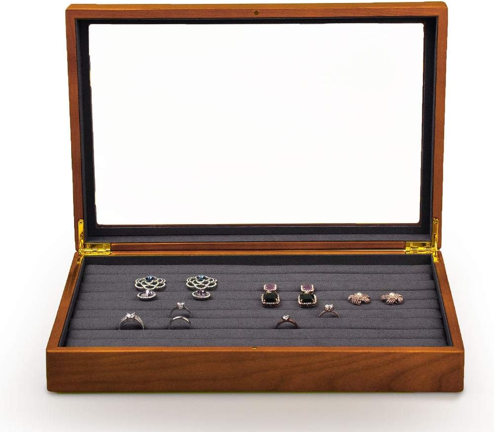 Oirlv Solid Wood Jewelry Display Box Rings Earrings Organizer Case with Acrylic Lid Vintage Gift