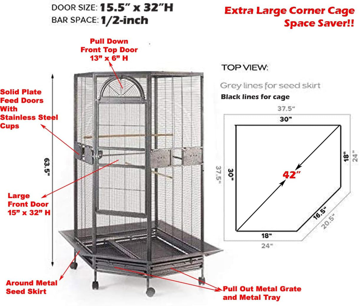 X-Large Corner Parrot Bird Flight Breeding Wrought Iron Rolling Cage Solid Plated Feeder Doors with