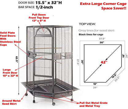 X-Large Corner Parrot Bird Flight Breeding Wrought Iron Rolling Cage Solid Plated Feeder Doors with