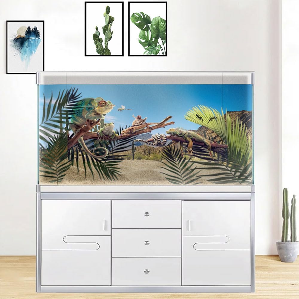 Reptile Habitat Background, Retro Desert Oasis Cactus Terrarium Background 30X12 in Background with
