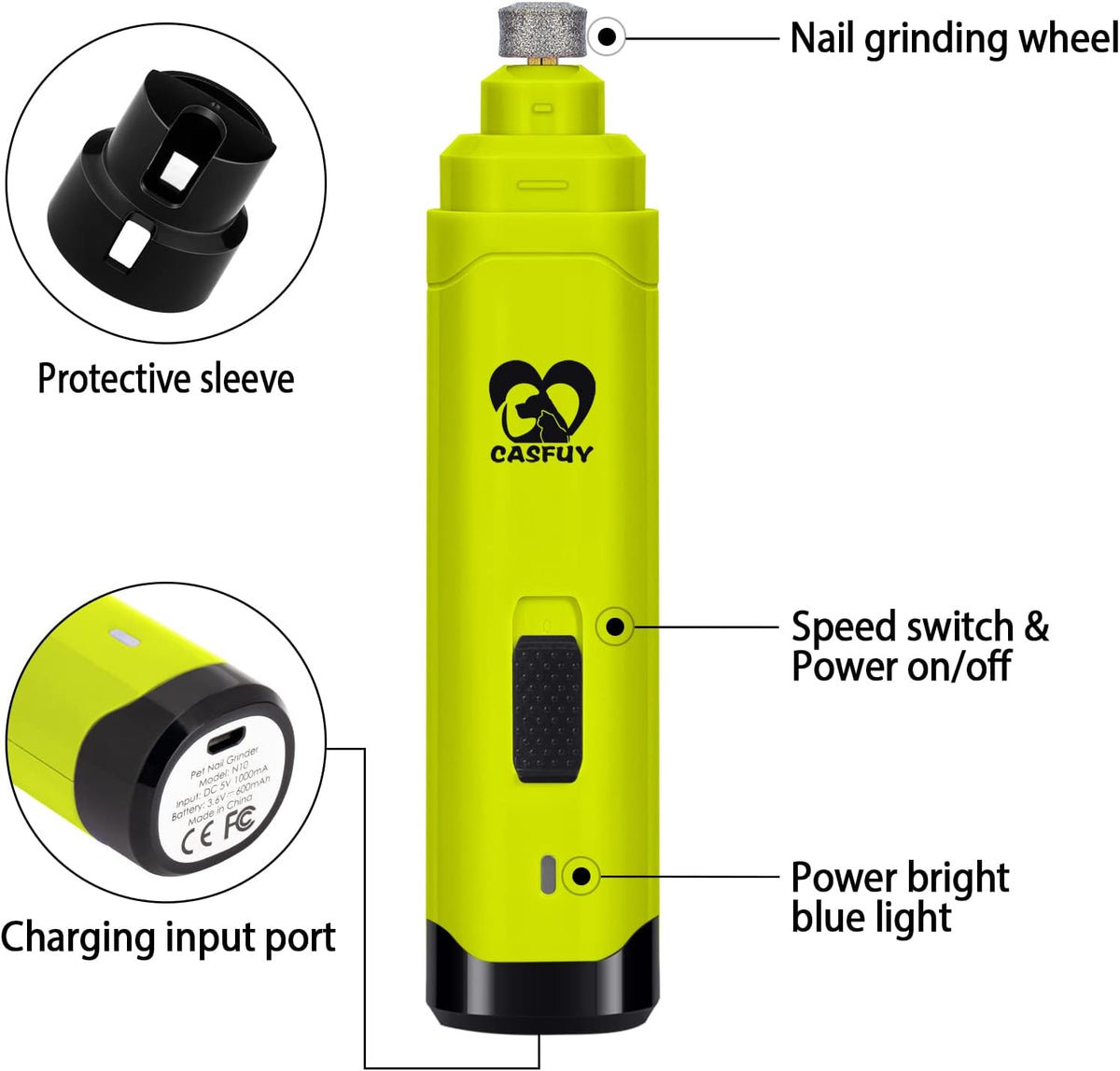 Casfuy Dog Nail Grinder Upgraded - Professional 2-Speed Electric Rechargeable Pet Nail Trimmer