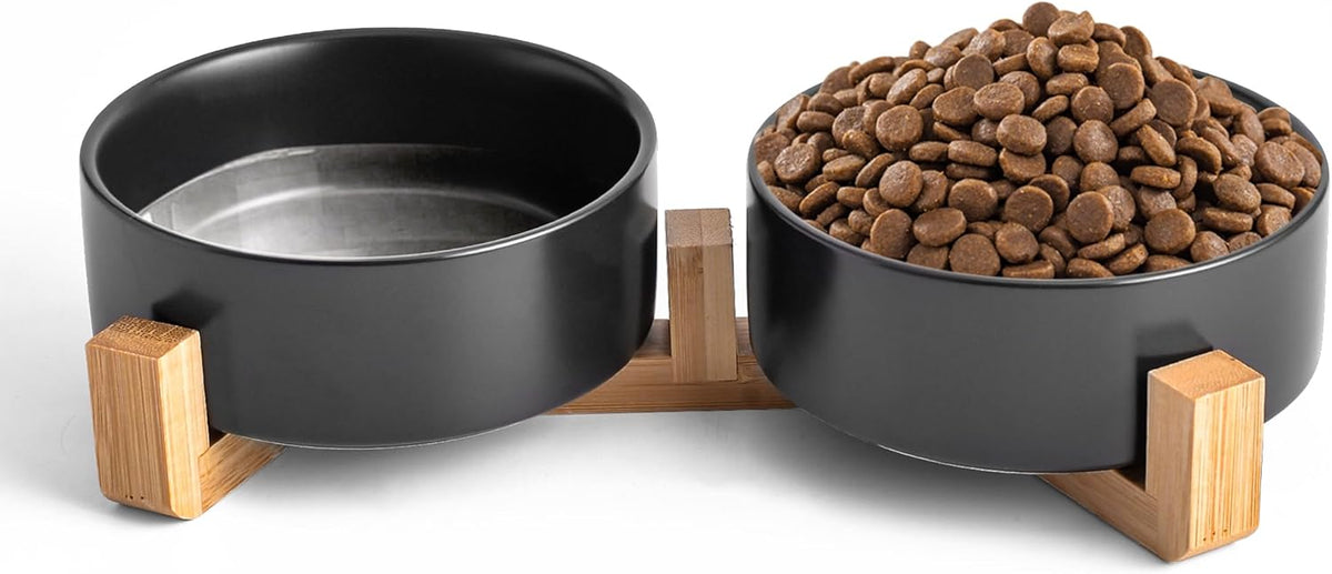 Black Ceramic Dog & Cat Bowl Set – 13.5 OZ with Wooden Stand, Non-Slip, Elevated Design for Small