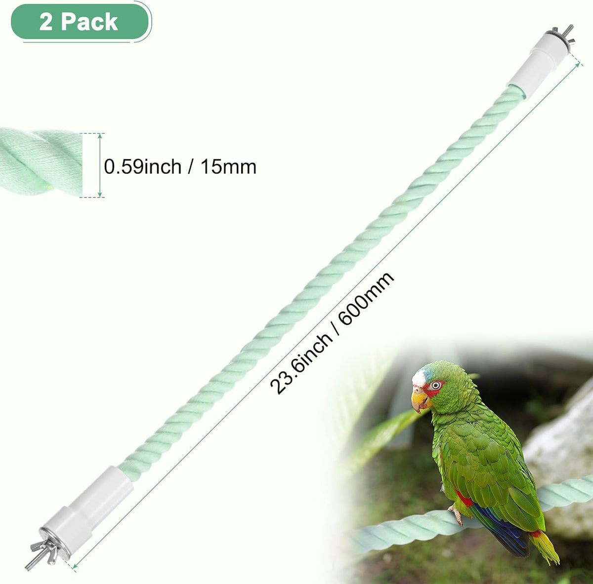 2-Pack Rope Perches for Bird Cages, 23.6 in Length Comfort Grip Flexible Rope Perch Beak & Paw