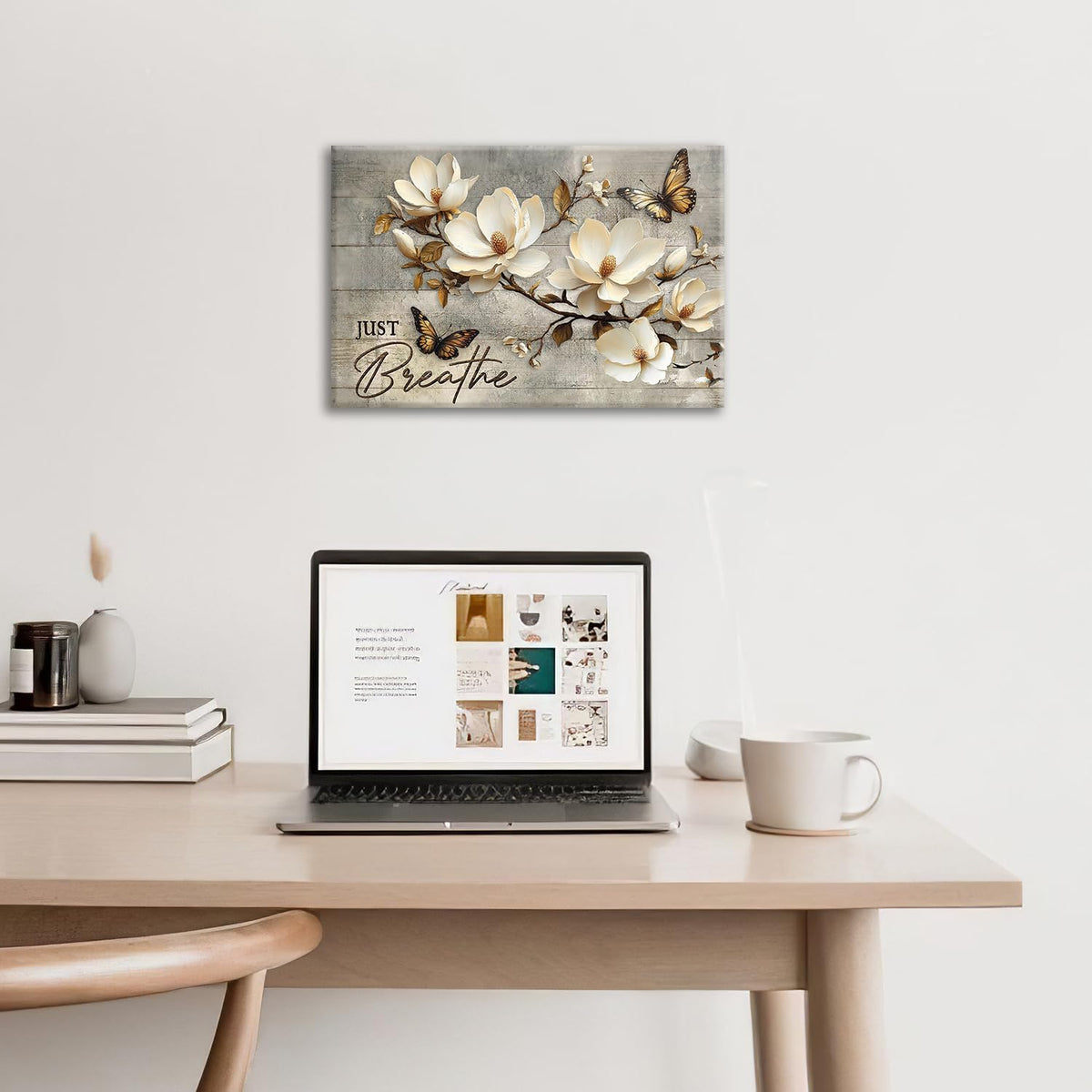 Floral Magnolia Bathroom Pictures Wall Art, Just Breathe Bathroom Wall Decor, Flower Butterfly