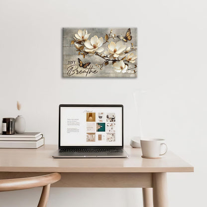 Floral Magnolia Bathroom Pictures Wall Art, Just Breathe Bathroom Wall Decor, Flower Butterfly