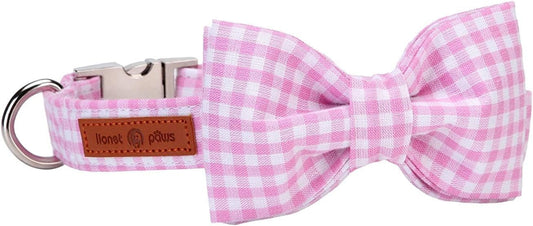 Lionet Paws Dog Collar with Bowtie, Comfortable Adjustable Cute Pink Gingham Bow Tie Collar for