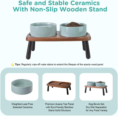 SPUNKYJUNKY Ceramic Elevated Dog Bowls Raised with Acacia Bamboo Wooden Stand, 6.1'' Dog Cat Food