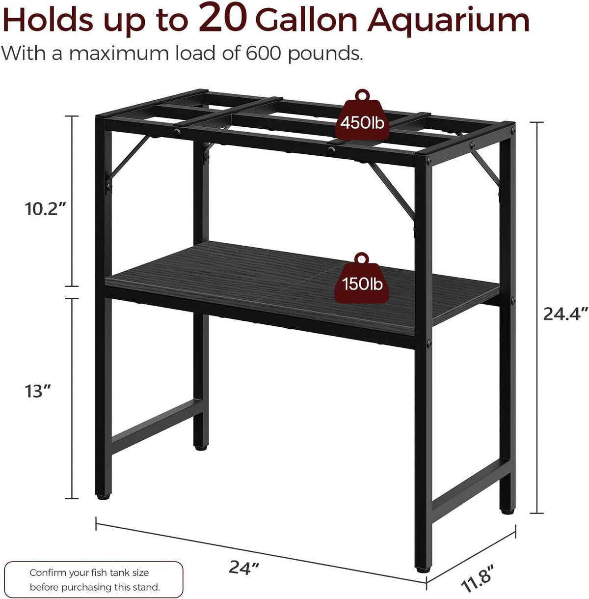 20 Gallon Fish Tank Stand, Aquarium Stand with 2-Tier Storage Shelves, Heavy Duty Breeder Turtle