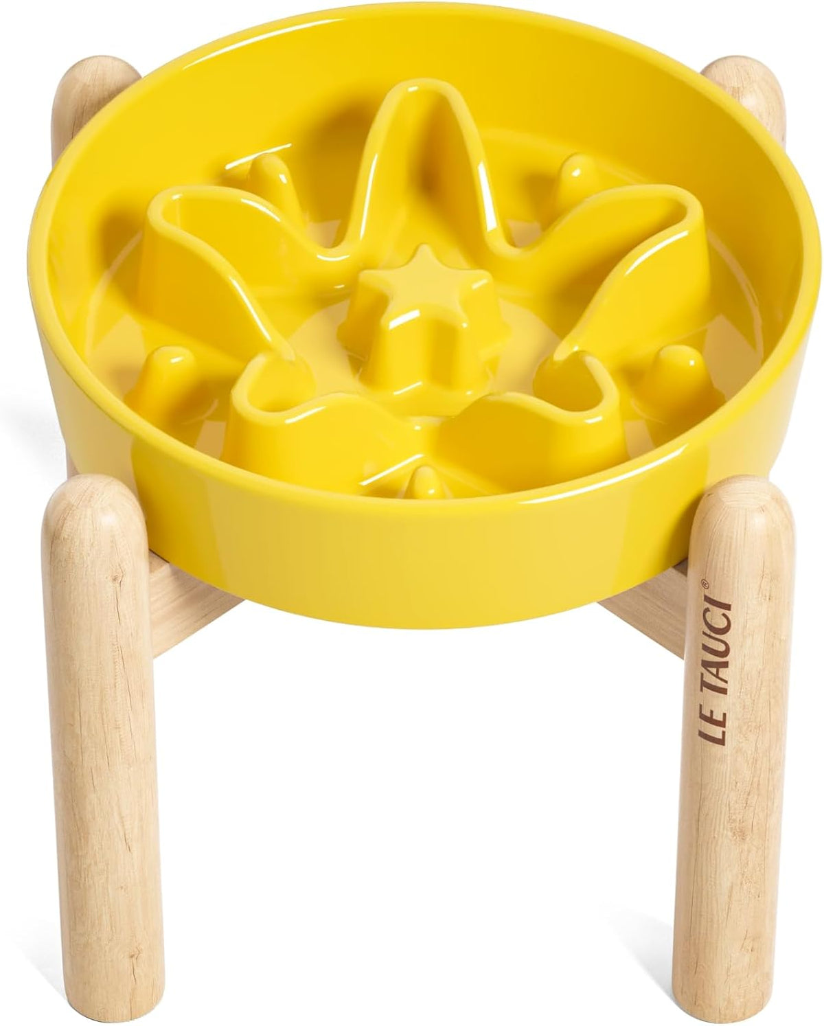 LE TAUCI Ceramic Slow Feeder Puzzle Bowl Elevated 1.5 Cup with Wooden Stand for Small & Medium Dog