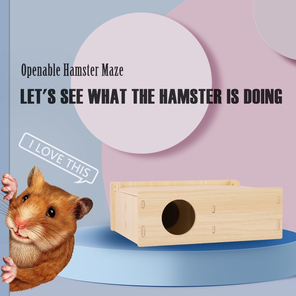 Hamster and Mouse Wooden Tunnel Cage Secret Peep Shed and Explore Hideout Flip Cover Design Hamster