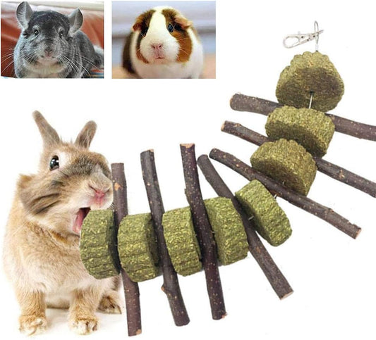 Bunny Chew Toys for Teeth, Organic Apple Wood Molar Sticks with Timothy Hay Circles for Bunny