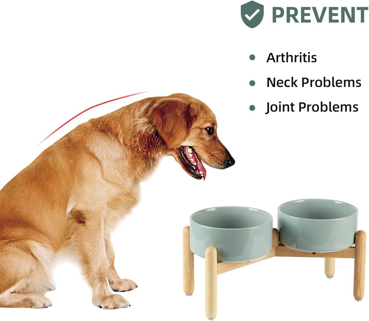 Ceramic 7.3inch Raised Double Bowls Set with Wooden Stand, Food & Water Bowls for Medium Breed