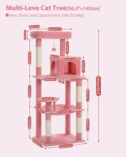 Cat Tree for Large Cats with Metal Plush Big Hammock, 56.3" Cat Tower for Indoor Cats with 2 Door