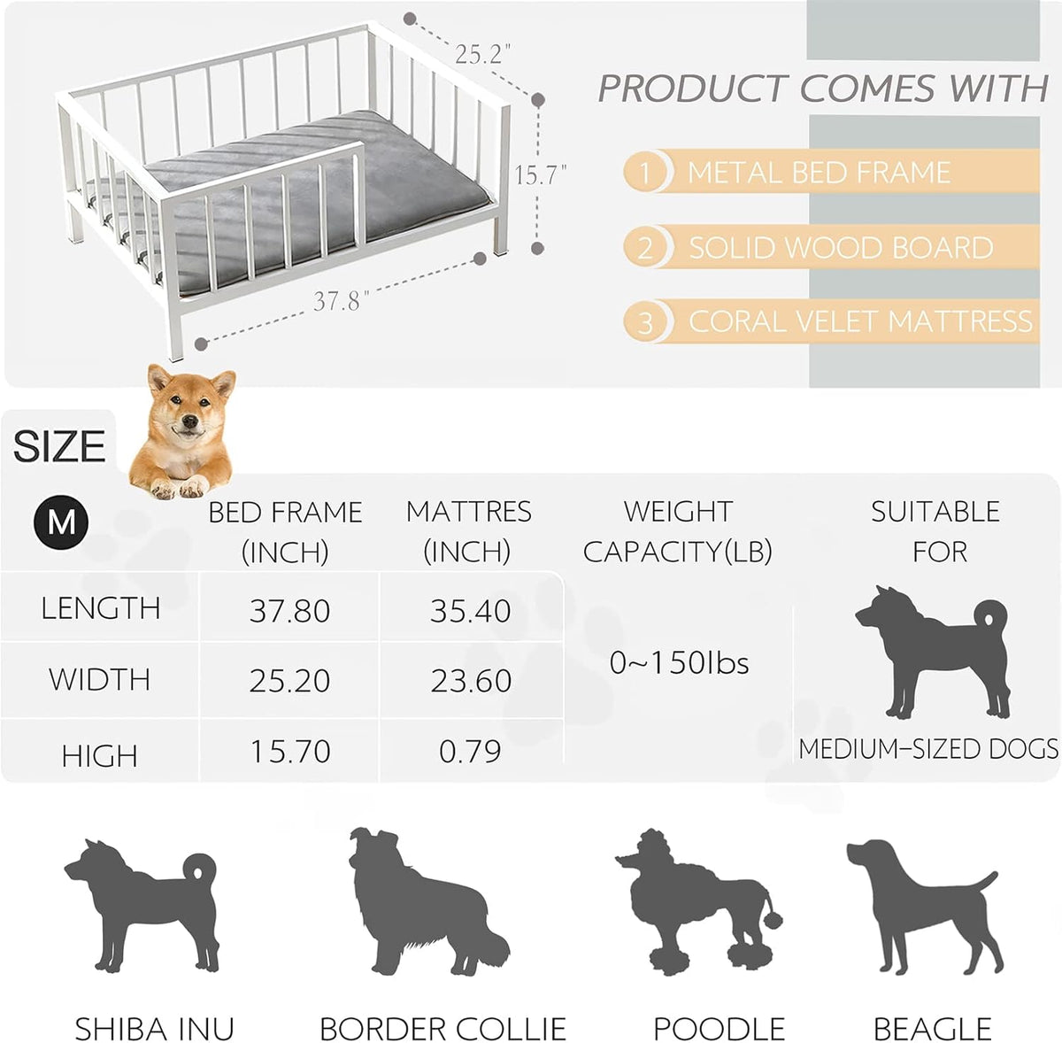 Dog Bed with Rails - Elevated Pet Metal Bed Frame with Solid Wood Board and Washable Soft Mat for