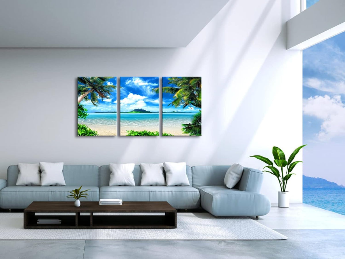 Wieco Art 3 Piece Blue Sea Beach Canvas Prints Modern Stretched Wall Art Seascape Pictures