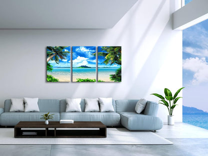 Wieco Art 3 Piece Blue Sea Beach Canvas Prints Modern Stretched Wall Art Seascape Pictures