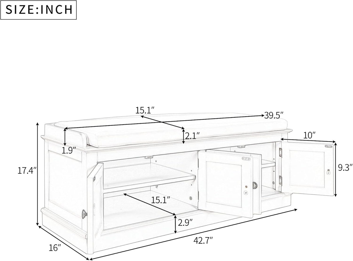 Storage Bench with 4 Doors and Adjustable Shelves, Shoe Bench with Removable Cushion for Living
