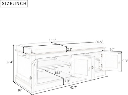 Storage Bench with 4 Doors and Adjustable Shelves, Shoe Bench with Removable Cushion for Living