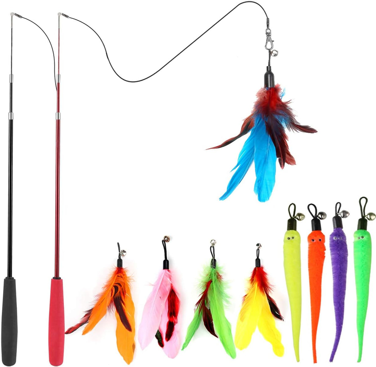 Interactive Cat Toys - Retractable Wand Toy and Feather Toys Refills for Indoor Cats to Chase and
