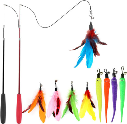 Interactive Cat Toys - Retractable Wand Toy and Feather Toys Refills for Indoor Cats to Chase and