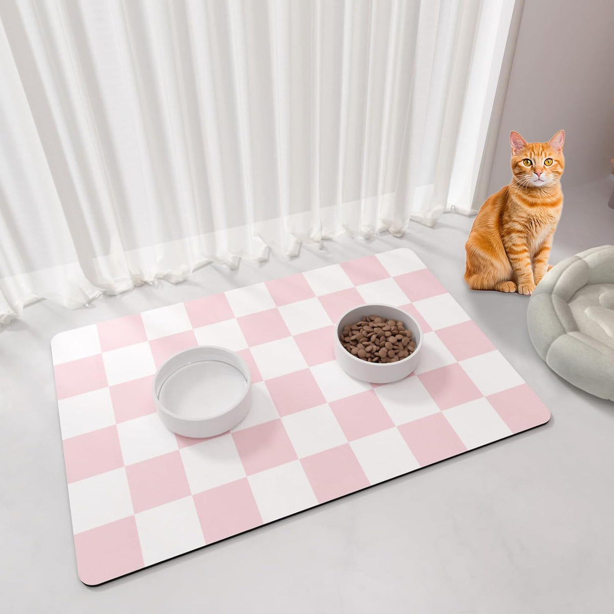 Checkered Dog Cat Feeding Mat, 17'' x 28'' Large Dog Food Mats, Absorbent Pet Feeding Mat for Food