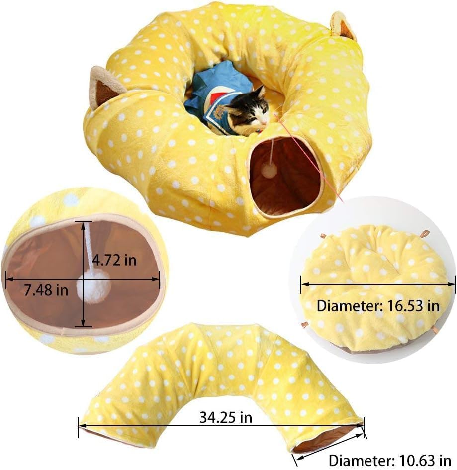 AUOON Cute Cat Donut Tunnel - Round Cat Tunnel Bed with Washable Cushion Interactive Cat Toy for