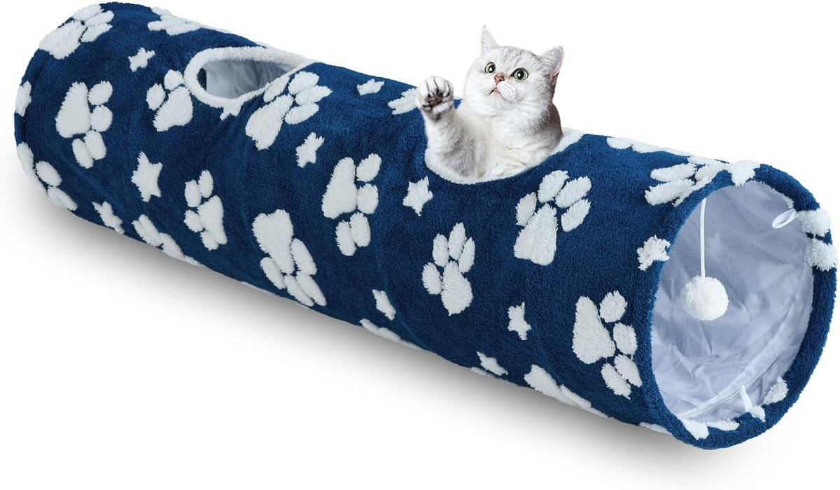 Straight Cat Tunnel for Indoor Cats 47"x12", Cute Cat Toys Collapsible Tunnel Tube with Balls for