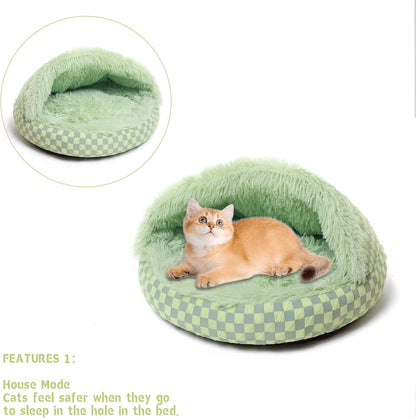 Cat Bed Hooded Plush Nest with Self-Warming Cozy Cave, Calming Anti-Anxiety Pet Bed for Indoor Cats