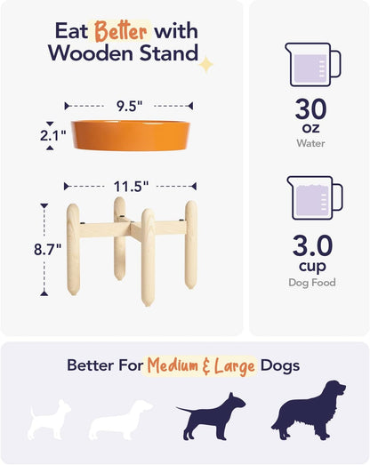 LE TAUCI Ceramic Slow Feeder Puzzle Bowl Elevated 3 Cup with Wooden Stand for Medium Large Dog