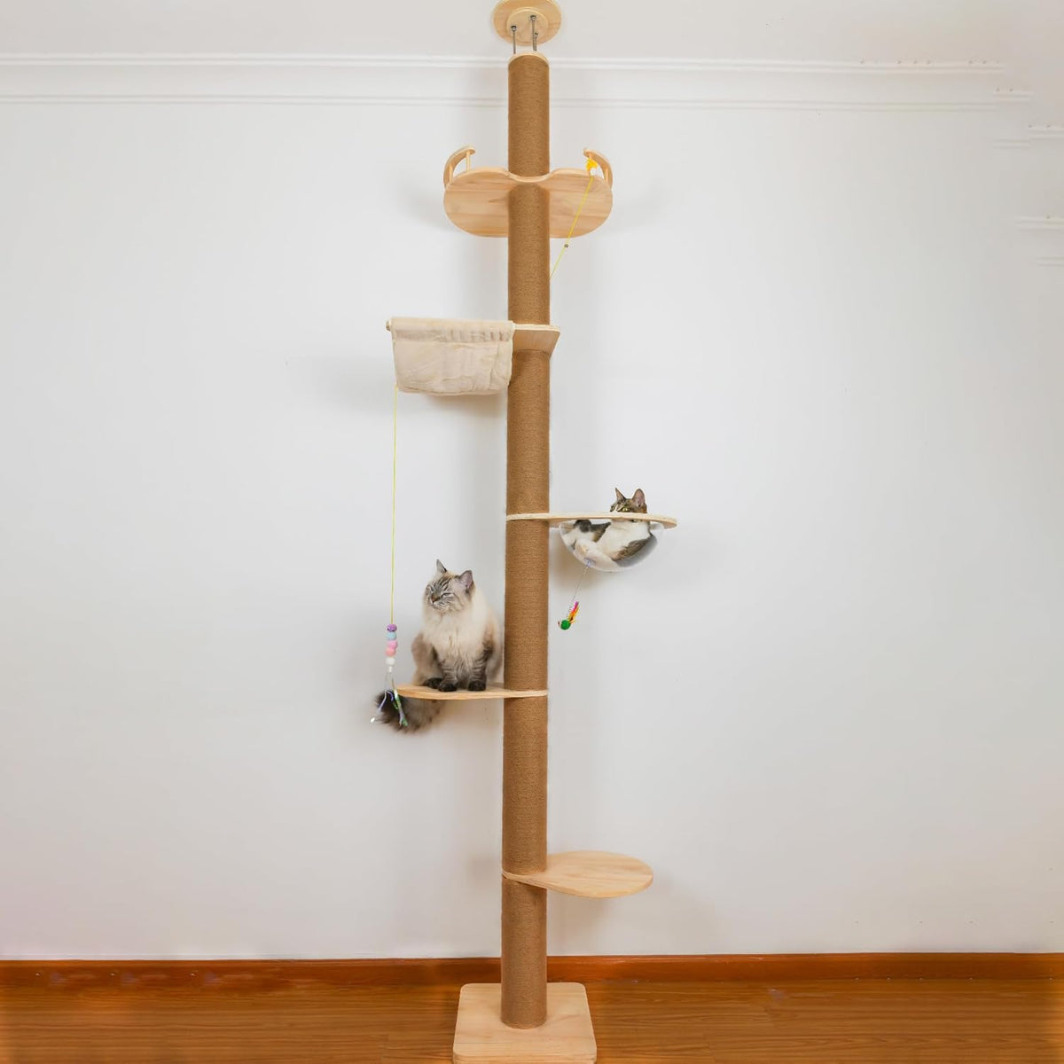 Floor to Ceiling Cat Tree Height (50-120 in) Adjustable Cat Tower 5 Tier Hemp Scratching Post High