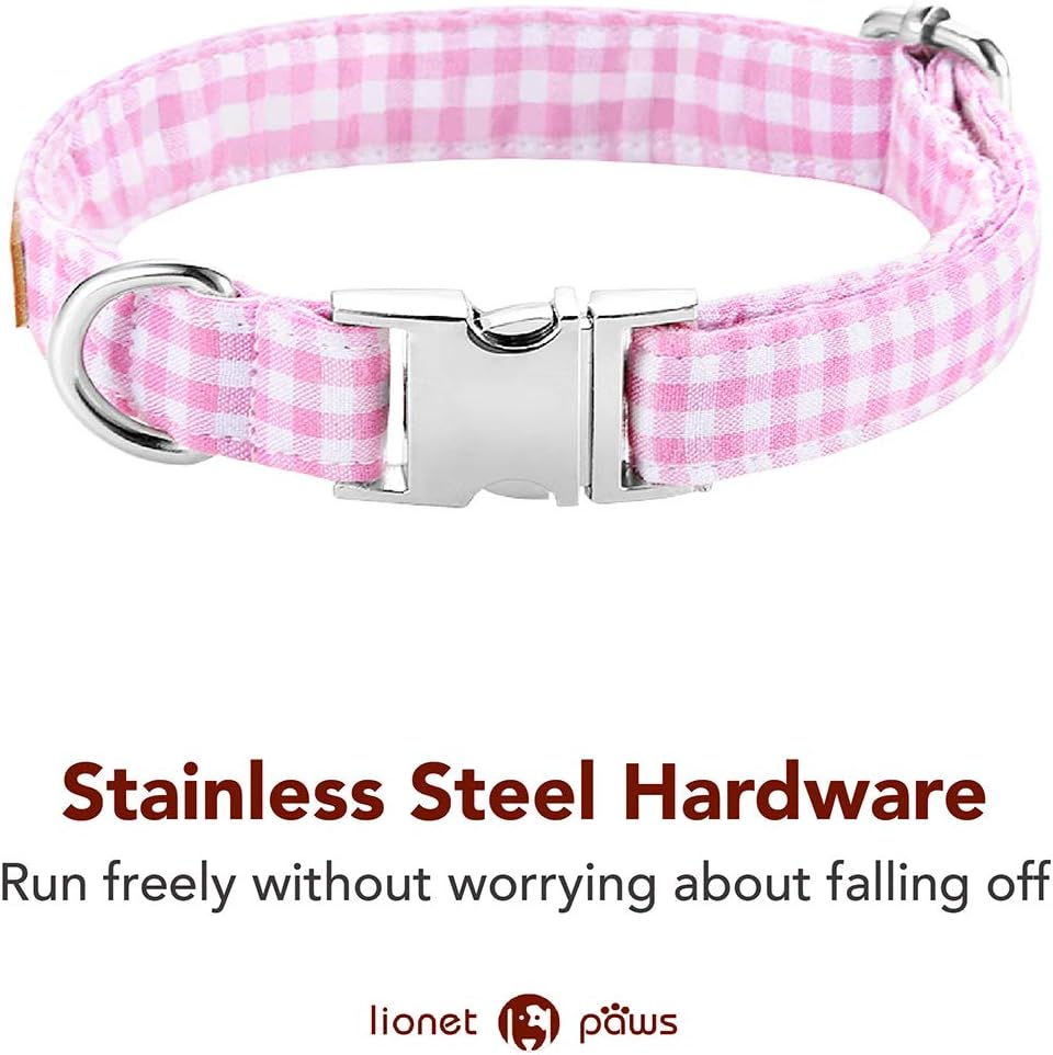Lionet Paws Dog Collar with Bowtie, Comfortable Adjustable Cute Pink Gingham Bow Tie Collar for