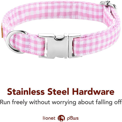 Lionet Paws Dog Collar with Bowtie, Comfortable Adjustable Cute Pink Gingham Bow Tie Collar for