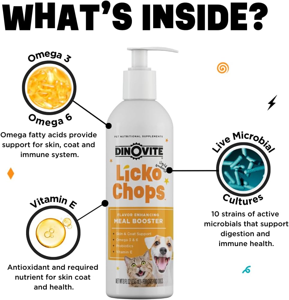 Dinovite Lickochops for Dog & Cat Supplement Enhanced with Omega-6, 3 Fatty Acids, Probiotics and