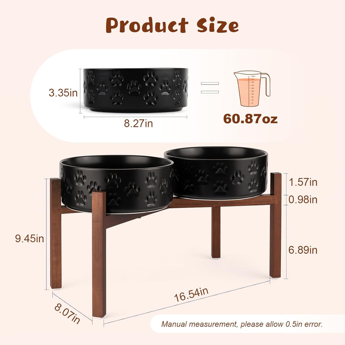 SPUNKYJUNKY Ceramic Elevated Dog Bowl Set with Acacia Wood Stand for Food and Water for Large Dogs