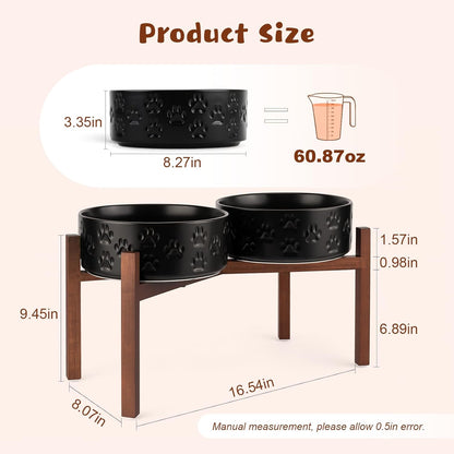 SPUNKYJUNKY Ceramic Elevated Dog Bowl Set with Acacia Wood Stand for Food and Water for Large Dogs