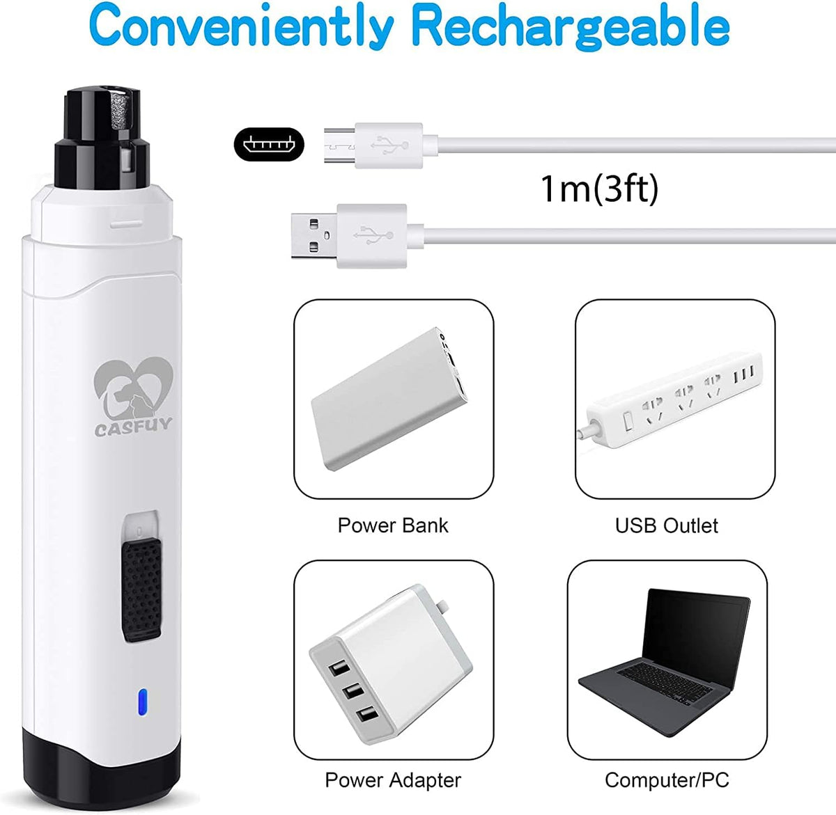 Casfuy Dog Nail Grinder Upgraded - Professional 2-Speed Electric Rechargeable Pet Nail Trimmer