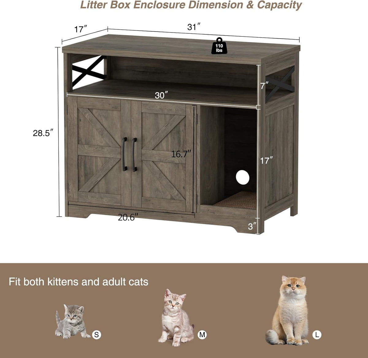 Cat Litter Box Enclosure, Hidden Litter Box Furniture with Scratch Pad, Farmhouse Indoor Cat House
