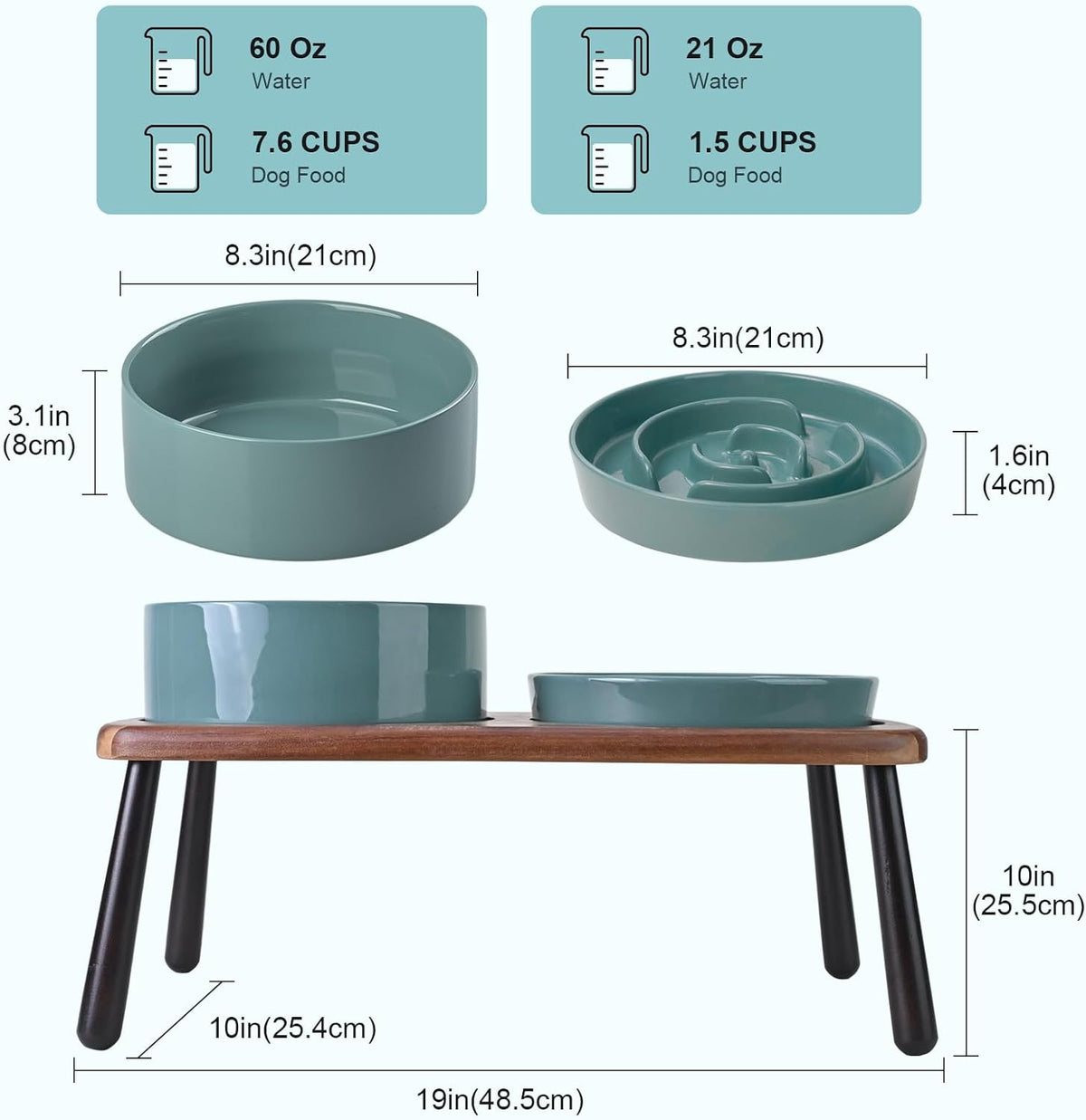 SPUNKYJUNKY Ceramic Elevated Dog Bowls with Slow Feeder Raised Acacia Bamboo Wooden Stand, 8.3''
