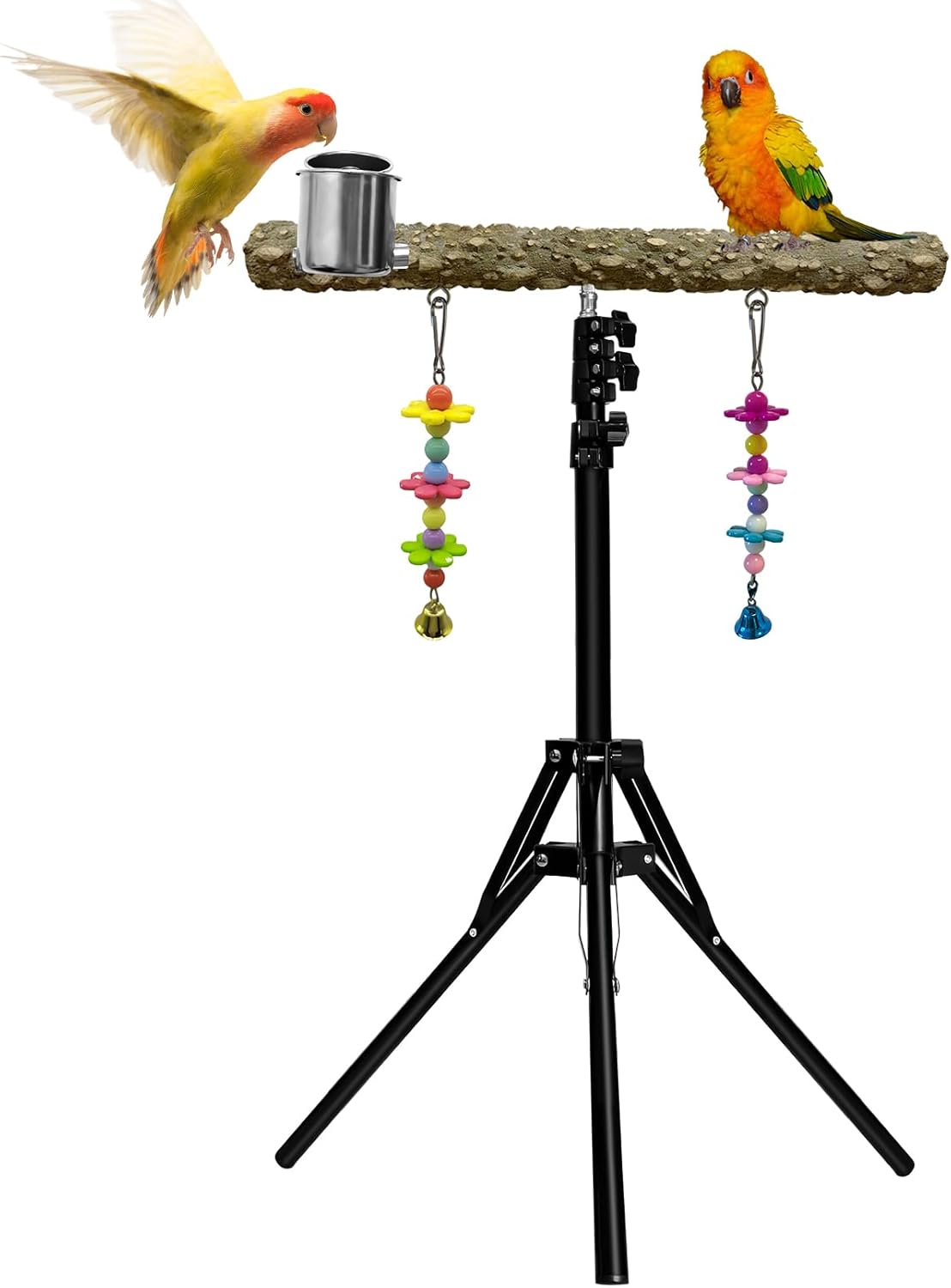 16-63 Inch Height Adjustable Bird Perch Pepper Wood Parrot Training Perch Stand with Feeding Cups