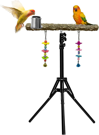 16-63 Inch Height Adjustable Bird Perch Pepper Wood Parrot Training Perch Stand with Feeding Cups