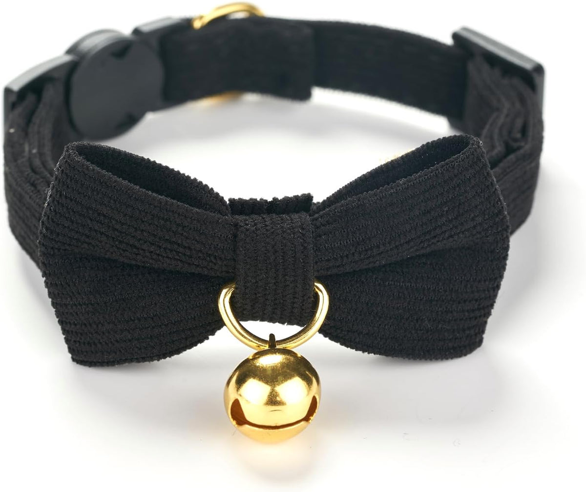 2 Pack Soft Corduroy Cat Collars with Bow Tie & Bell, Adjustable Breakaway Cotton Kitty Bowtie