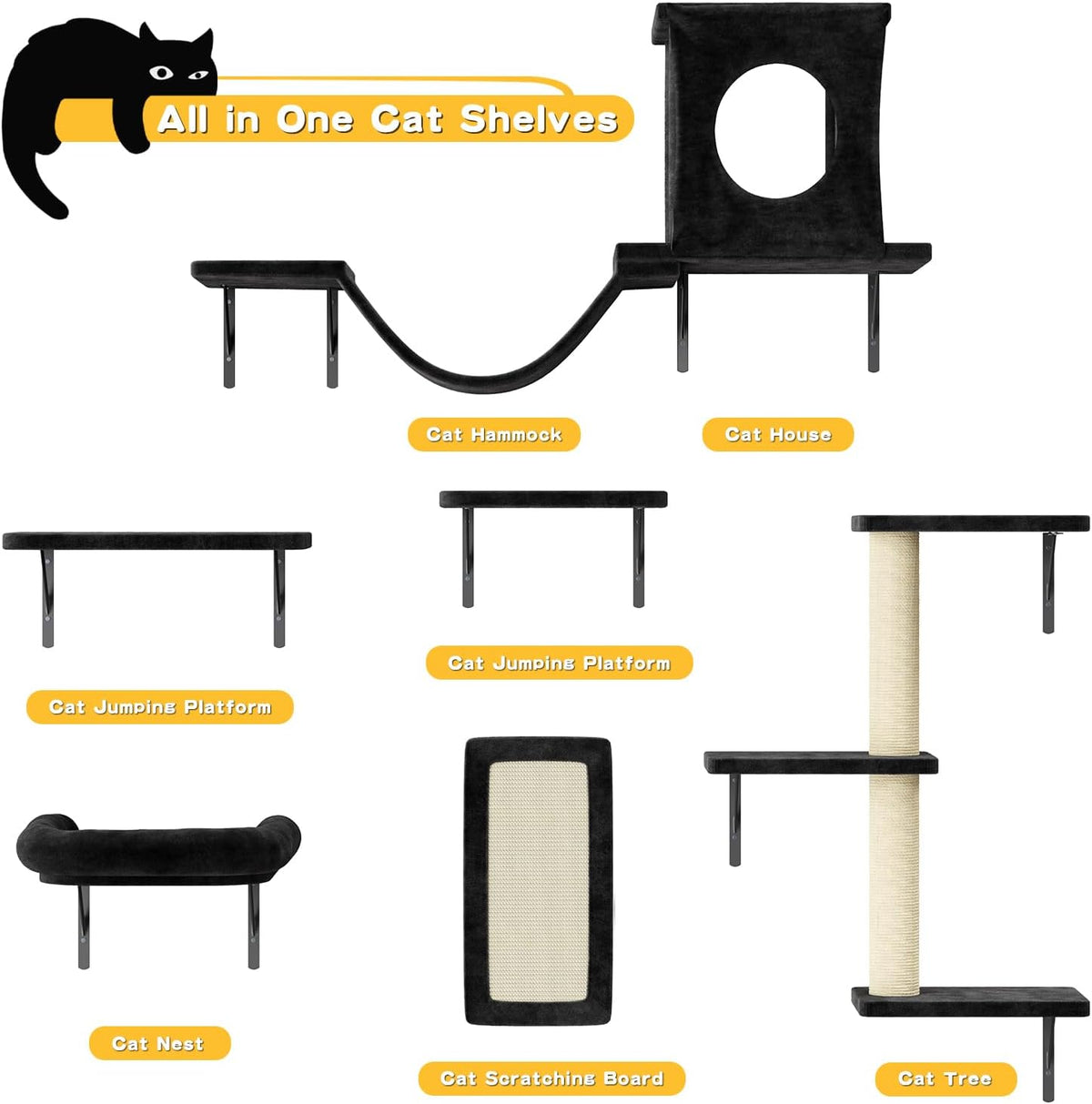 NUNU LAB Wall Mounted Cat Furniture, 6 Pcs Cat Wall Shelves with Condo House, Bridge, Steps