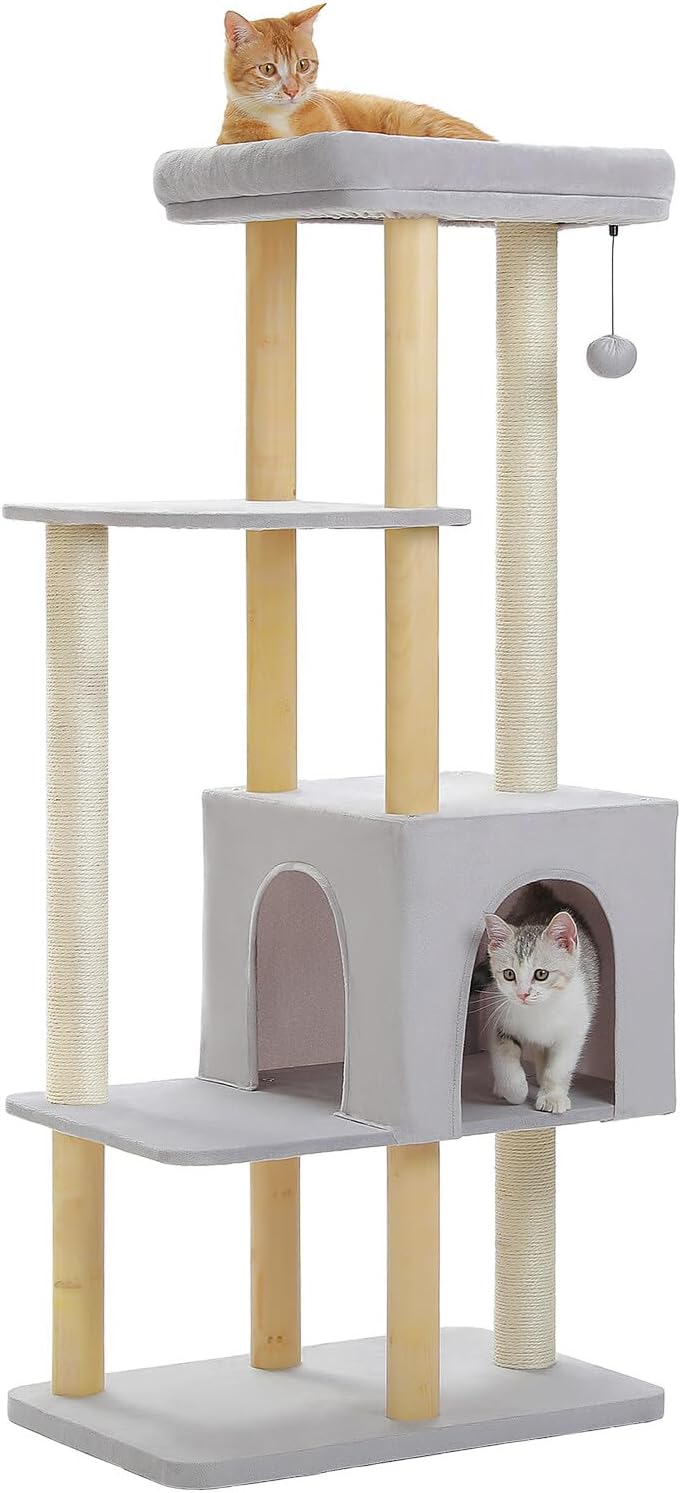PAWZ Road Large Cat Tree, 53 Inches Modern Wooden Cat Tower for Indoor Cats, Multi-Level Cat Condos
